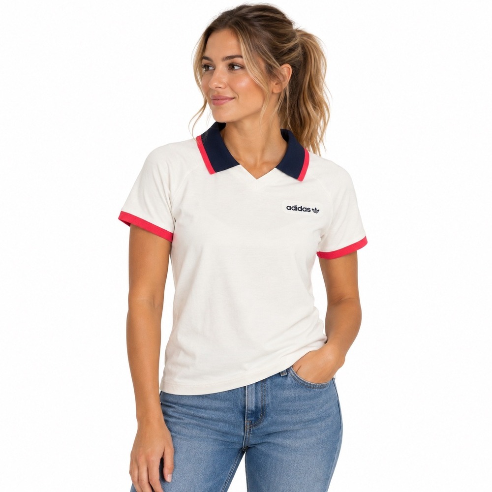 adidas Originals Women's S White Navy Pink Trefoil Polo Shirt Slim Fit